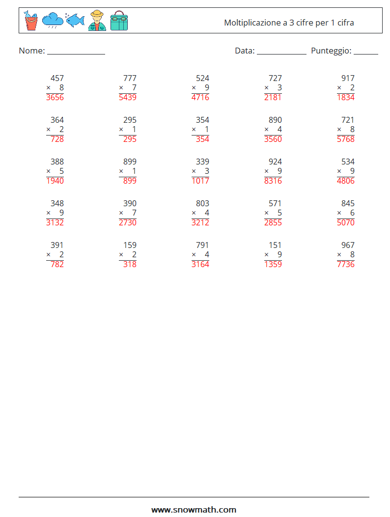 (25) Moltiplicazione a 3 cifre per 1 cifra Fogli di lavoro di matematica 1 Domanda, Risposta
