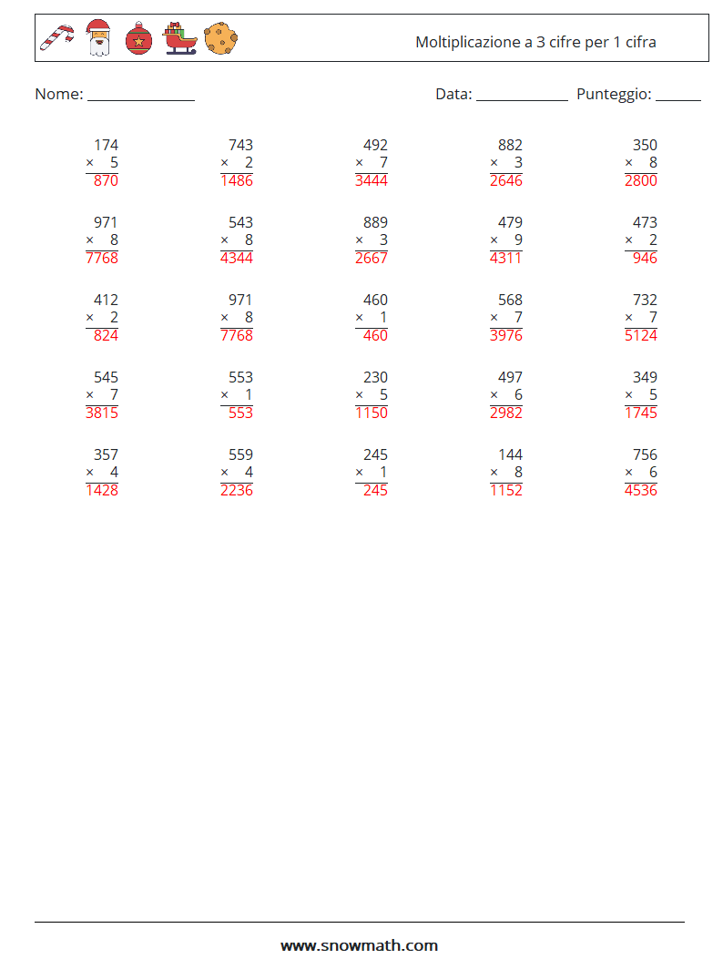 (25) Moltiplicazione a 3 cifre per 1 cifra Fogli di lavoro di matematica 2 Domanda, Risposta