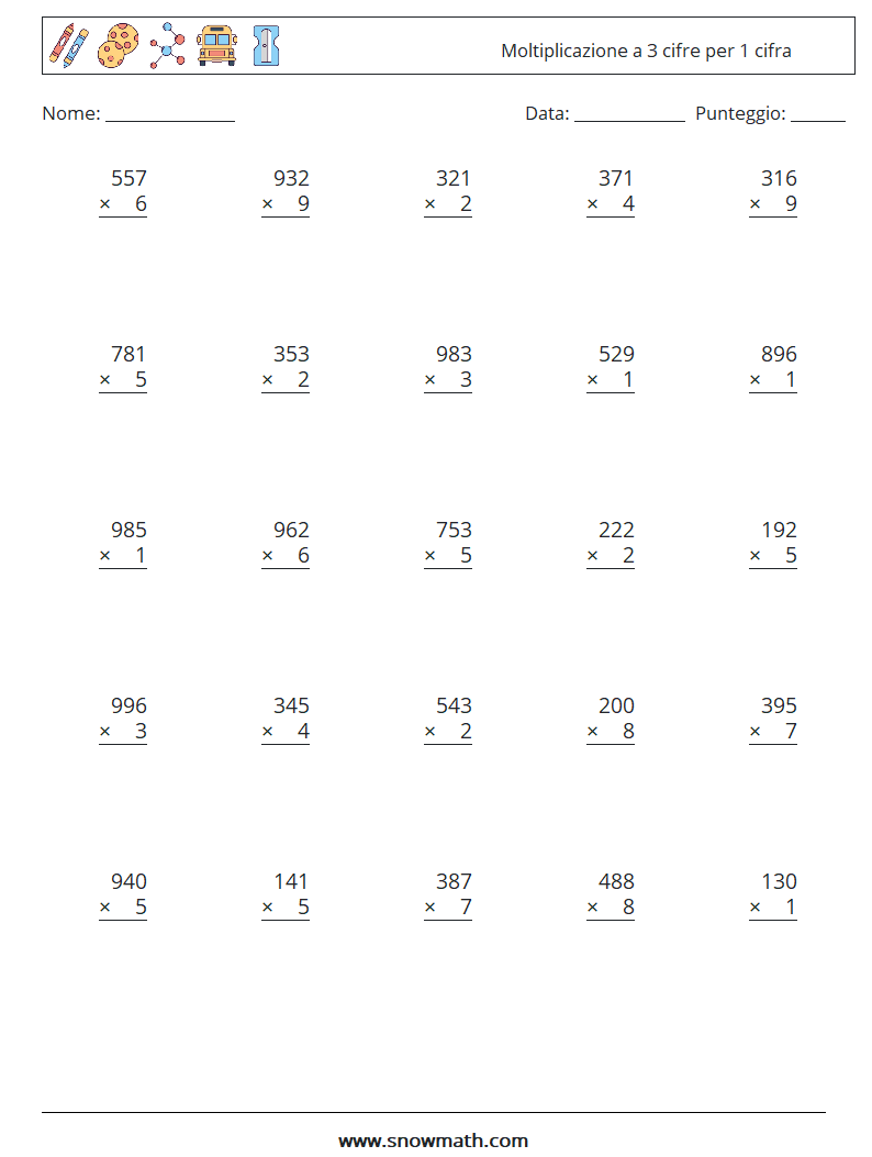 (25) Moltiplicazione a 3 cifre per 1 cifra Fogli di lavoro di matematica 5