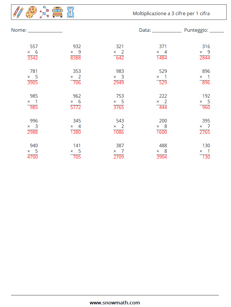 (25) Moltiplicazione a 3 cifre per 1 cifra Fogli di lavoro di matematica 5 Domanda, Risposta