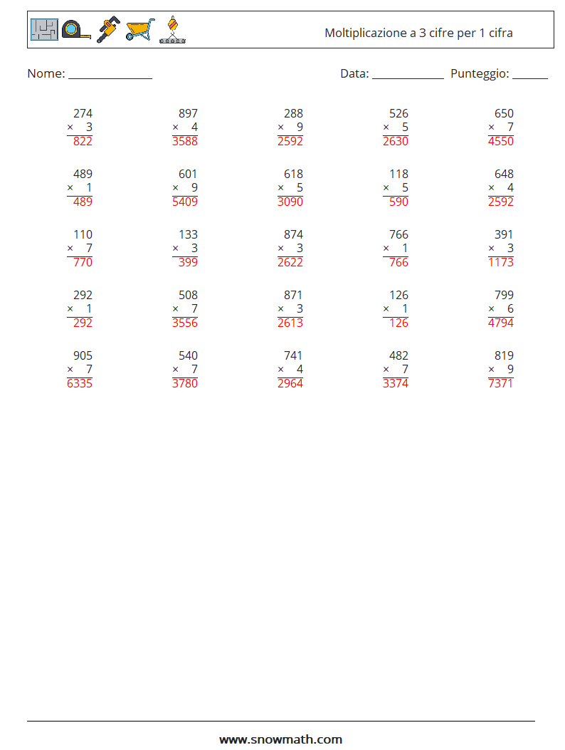 (25) Moltiplicazione a 3 cifre per 1 cifra Fogli di lavoro di matematica 6 Domanda, Risposta
