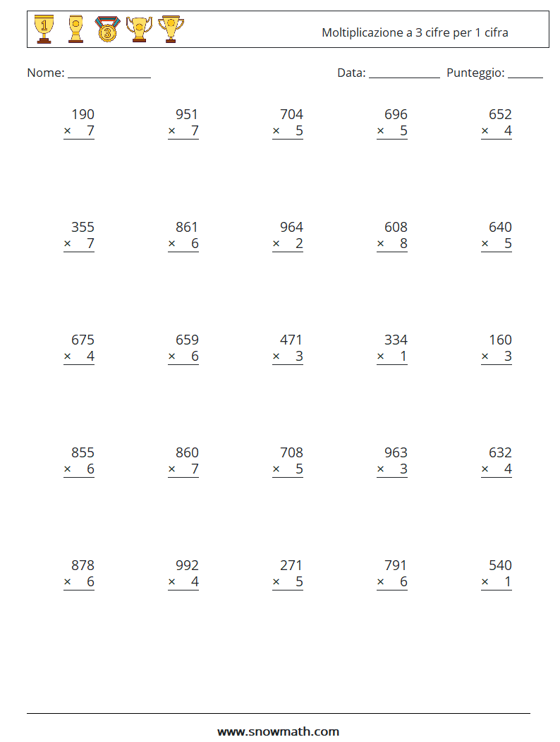 (25) Moltiplicazione a 3 cifre per 1 cifra Fogli di lavoro di matematica 7