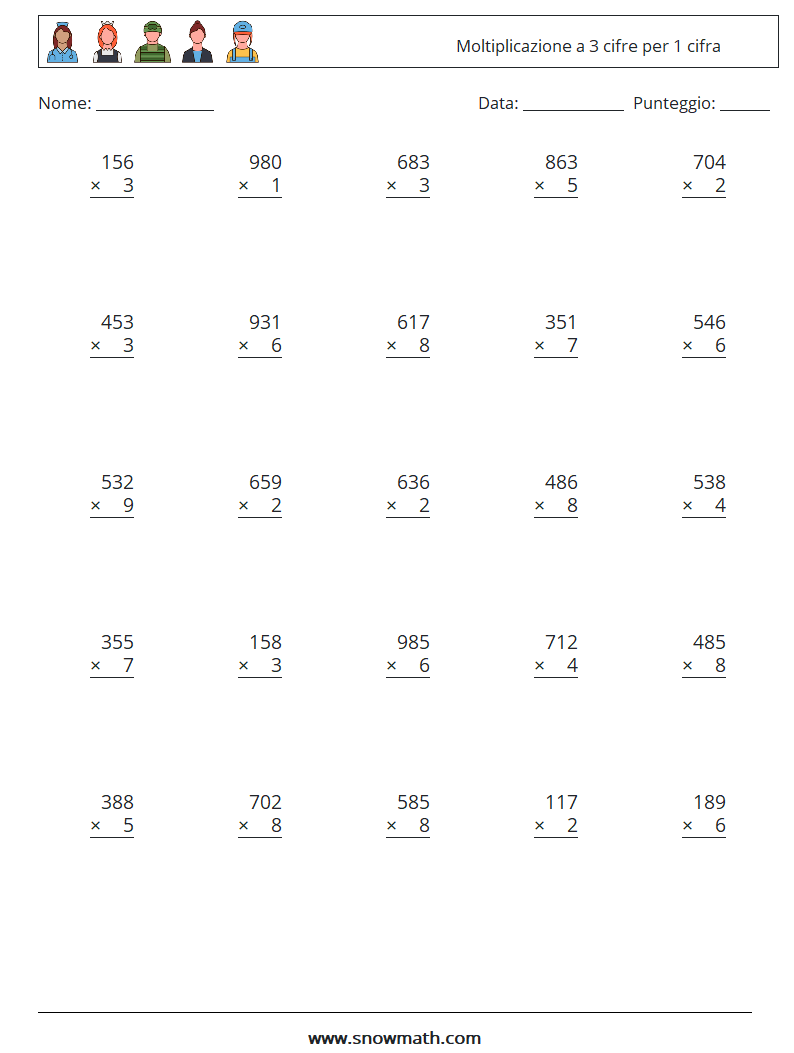 (25) Moltiplicazione a 3 cifre per 1 cifra Fogli di lavoro di matematica 9