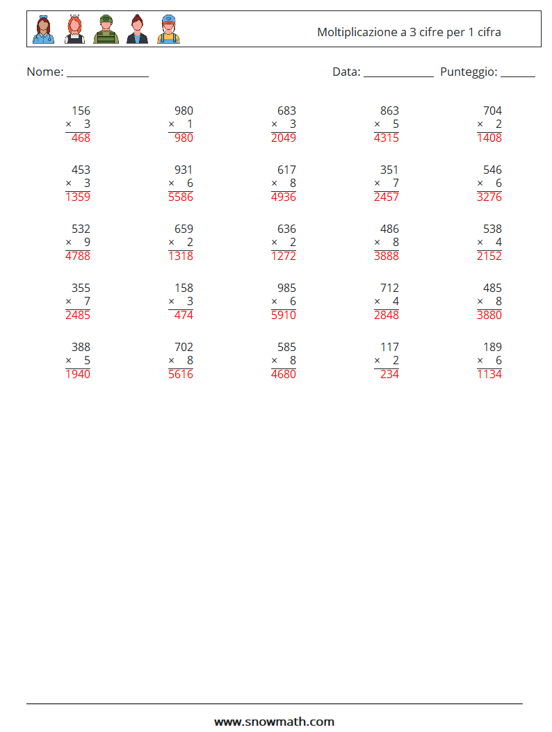 (25) Moltiplicazione a 3 cifre per 1 cifra Fogli di lavoro di matematica 9 Domanda, Risposta