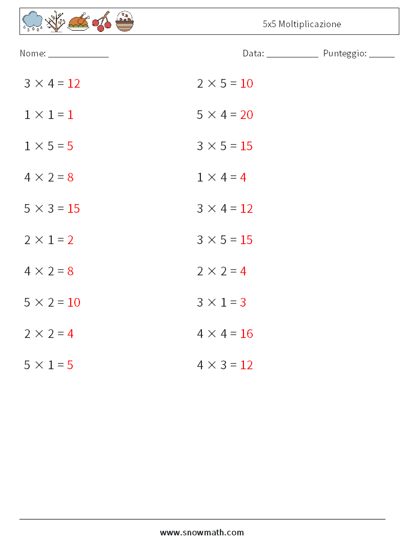 (20) 5x5 Moltiplicazione Fogli di lavoro di matematica 1 Domanda, Risposta