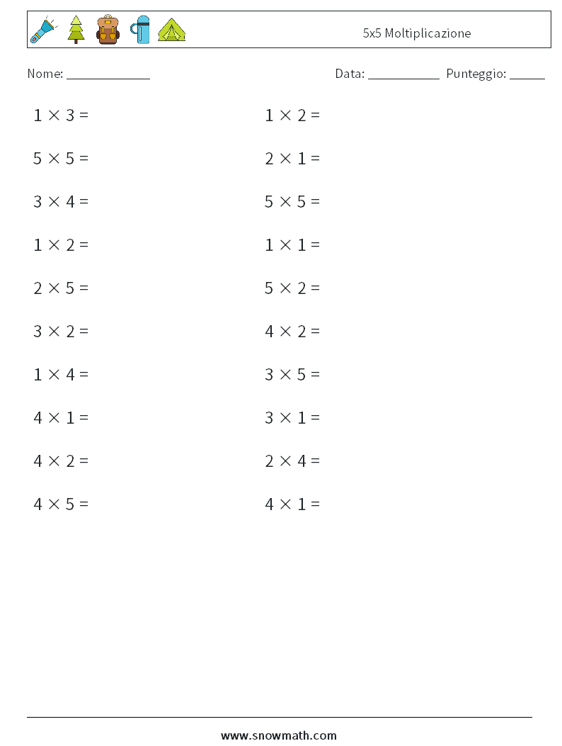 (20) 5x5 Moltiplicazione Fogli di lavoro di matematica 2