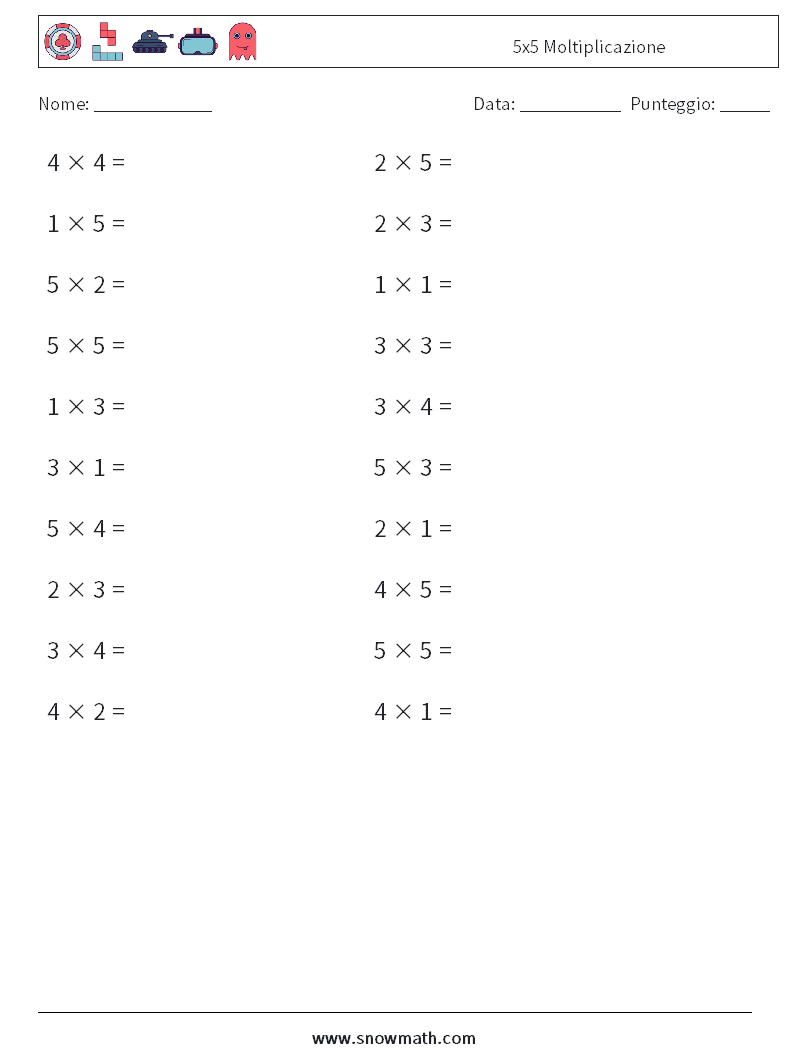 (20) 5x5 Moltiplicazione Fogli di lavoro di matematica 3