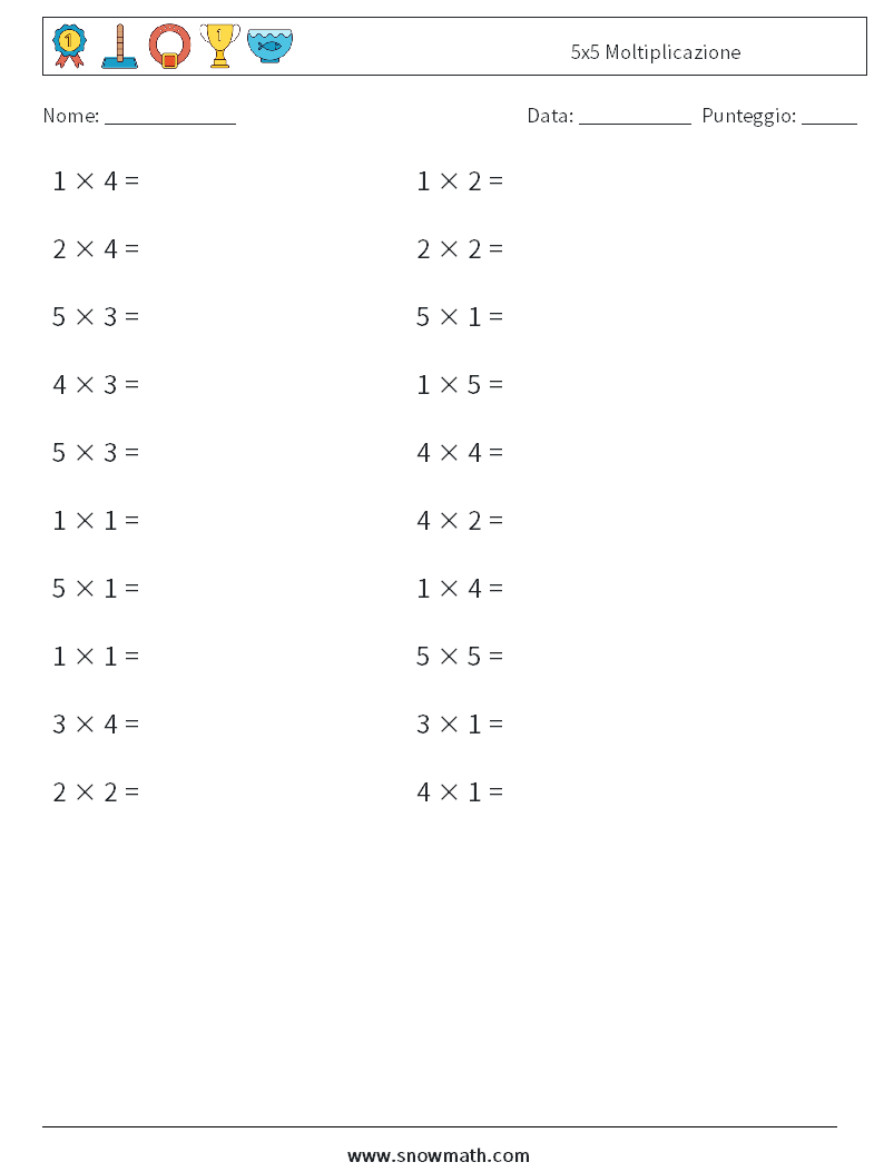 (20) 5x5 Moltiplicazione Fogli di lavoro di matematica 4
