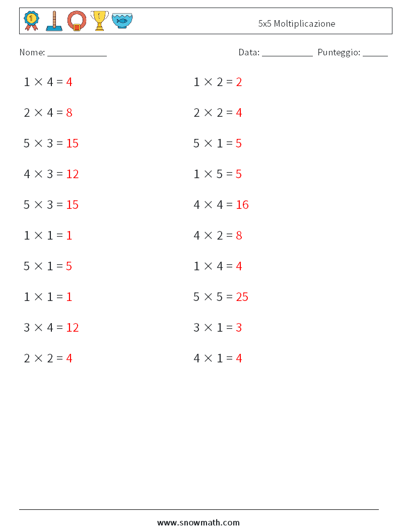 (20) 5x5 Moltiplicazione Fogli di lavoro di matematica 4 Domanda, Risposta