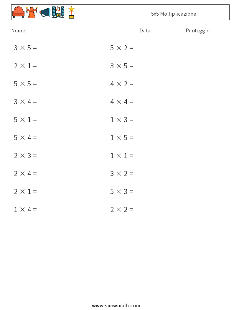 (20) 5x5 Moltiplicazione Fogli di lavoro di matematica 5