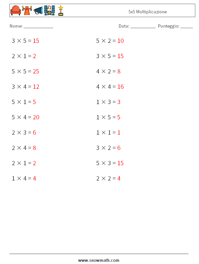 (20) 5x5 Moltiplicazione Fogli di lavoro di matematica 5 Domanda, Risposta