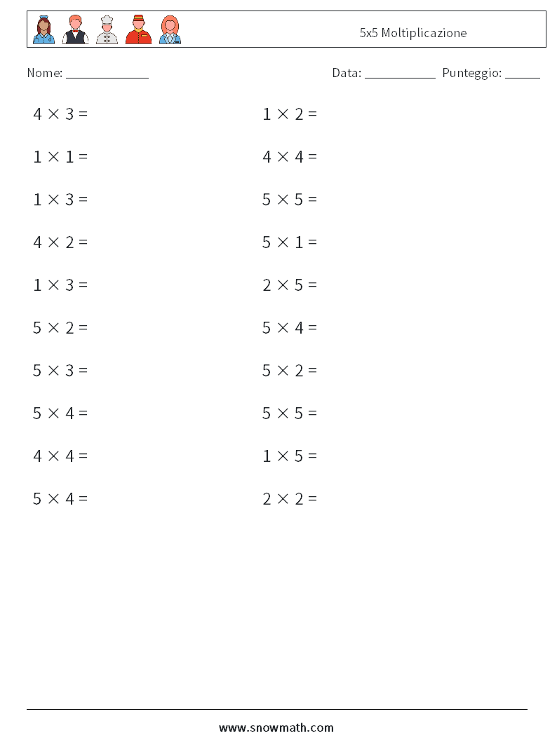 (20) 5x5 Moltiplicazione Fogli di lavoro di matematica 6
