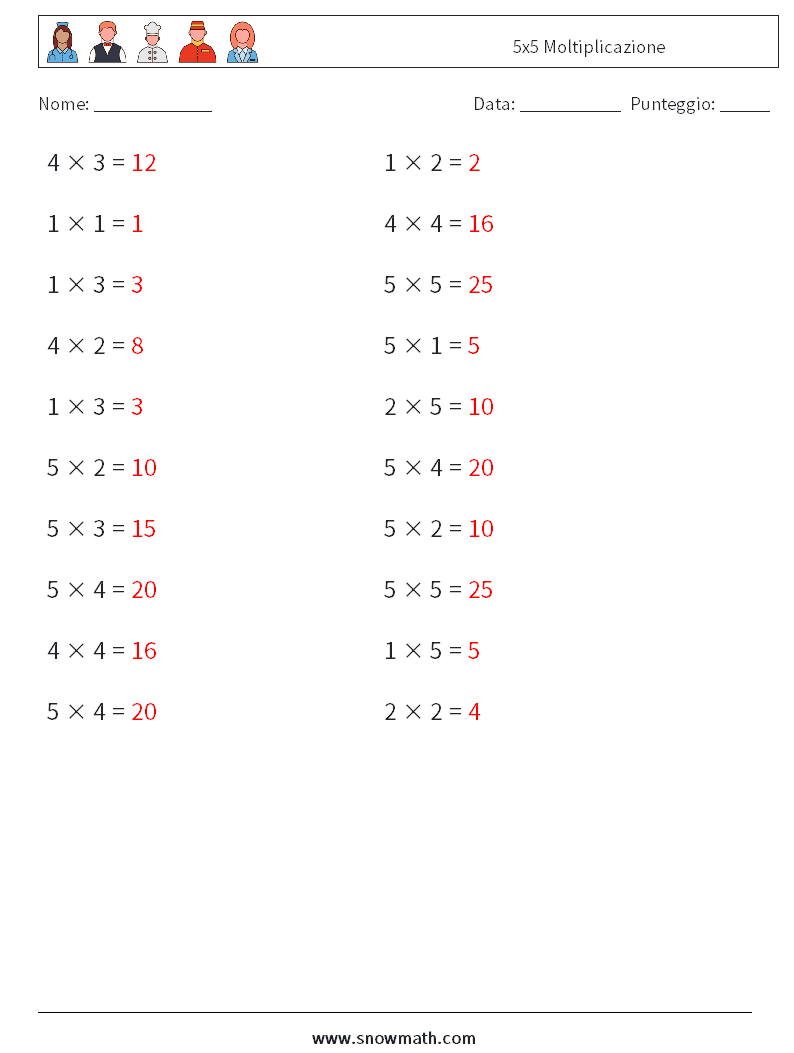 (20) 5x5 Moltiplicazione Fogli di lavoro di matematica 6 Domanda, Risposta