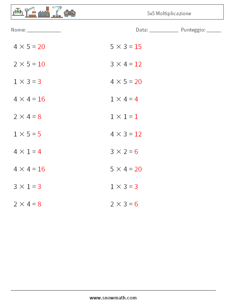 (20) 5x5 Moltiplicazione Fogli di lavoro di matematica 7 Domanda, Risposta