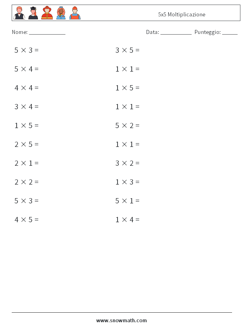 (20) 5x5 Moltiplicazione Fogli di lavoro di matematica 8