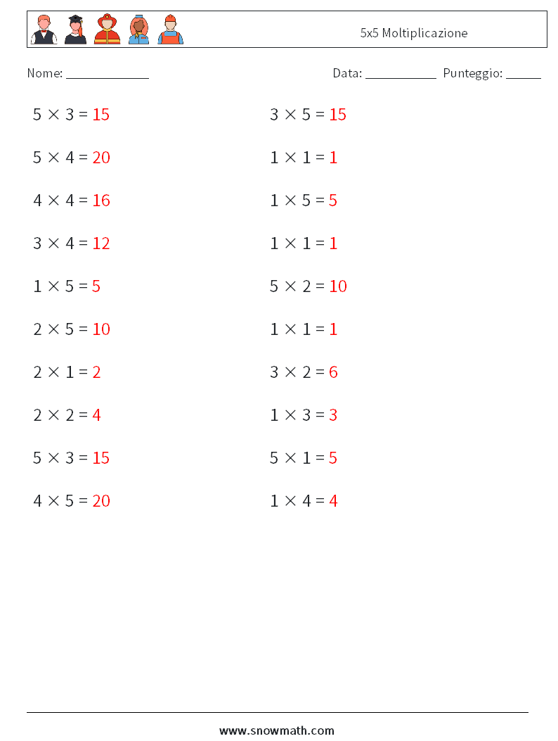 (20) 5x5 Moltiplicazione Fogli di lavoro di matematica 8 Domanda, Risposta