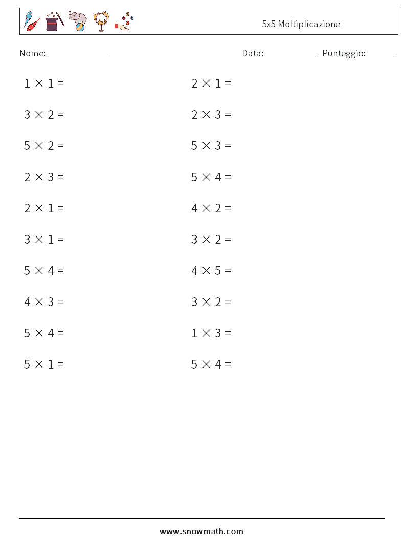 (20) 5x5 Moltiplicazione Fogli di lavoro di matematica 9