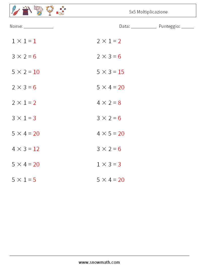 (20) 5x5 Moltiplicazione Fogli di lavoro di matematica 9 Domanda, Risposta