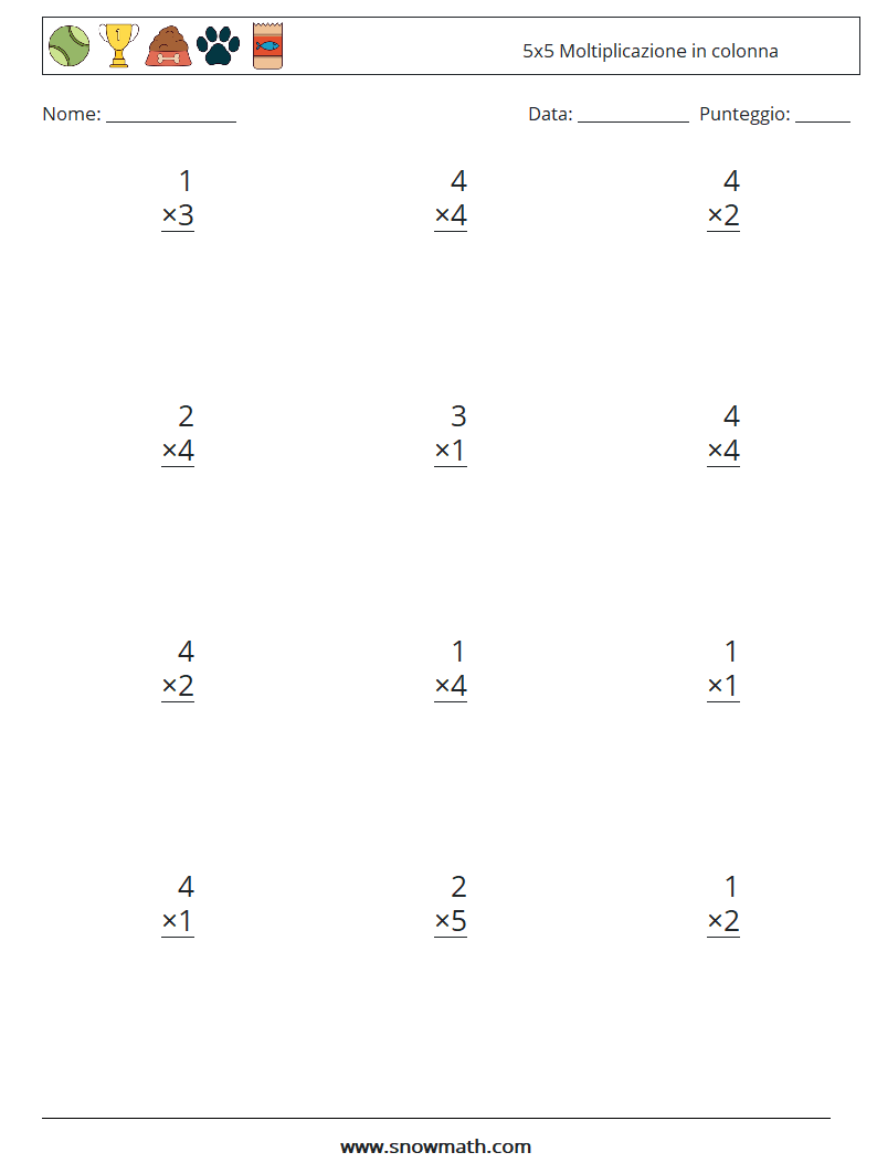 (12) 5x5 Moltiplicazione in colonna Fogli di lavoro di matematica 1