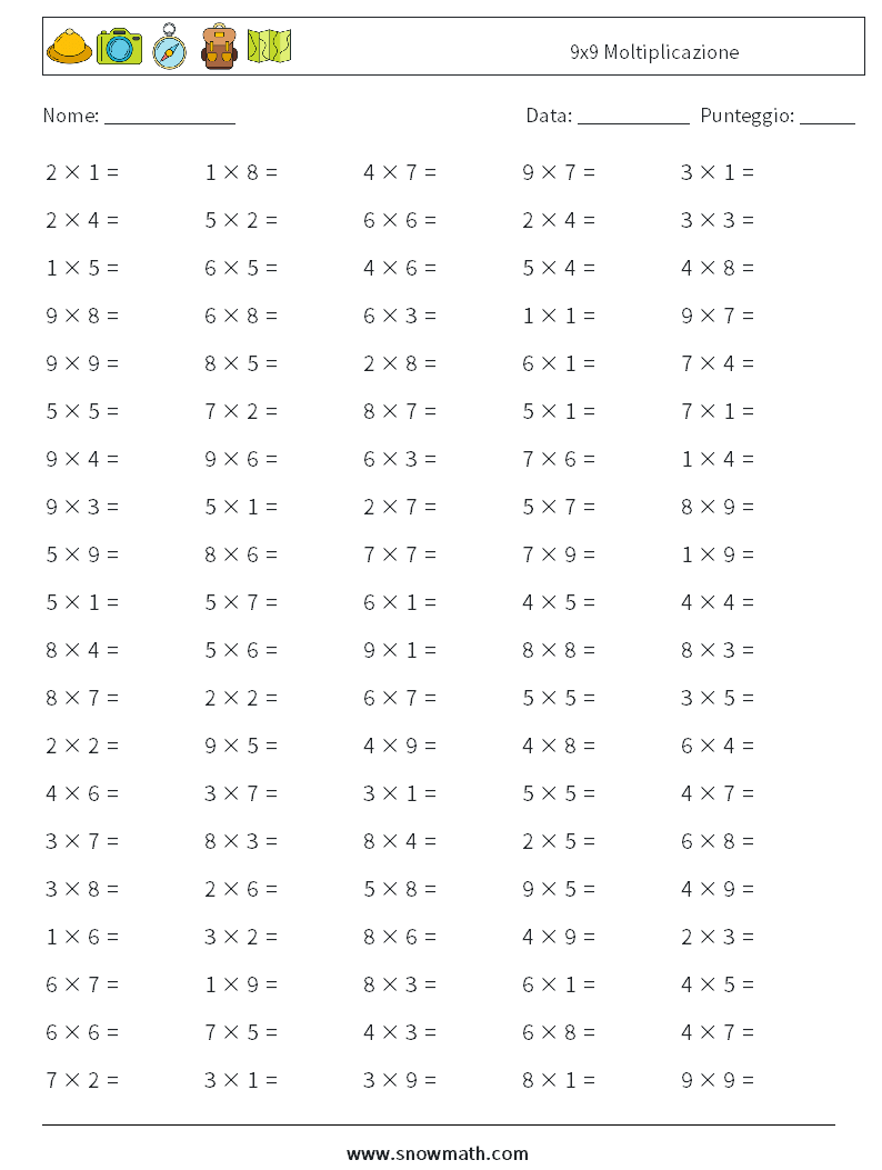 (100) 9x9 Moltiplicazione Fogli di lavoro di matematica 8
