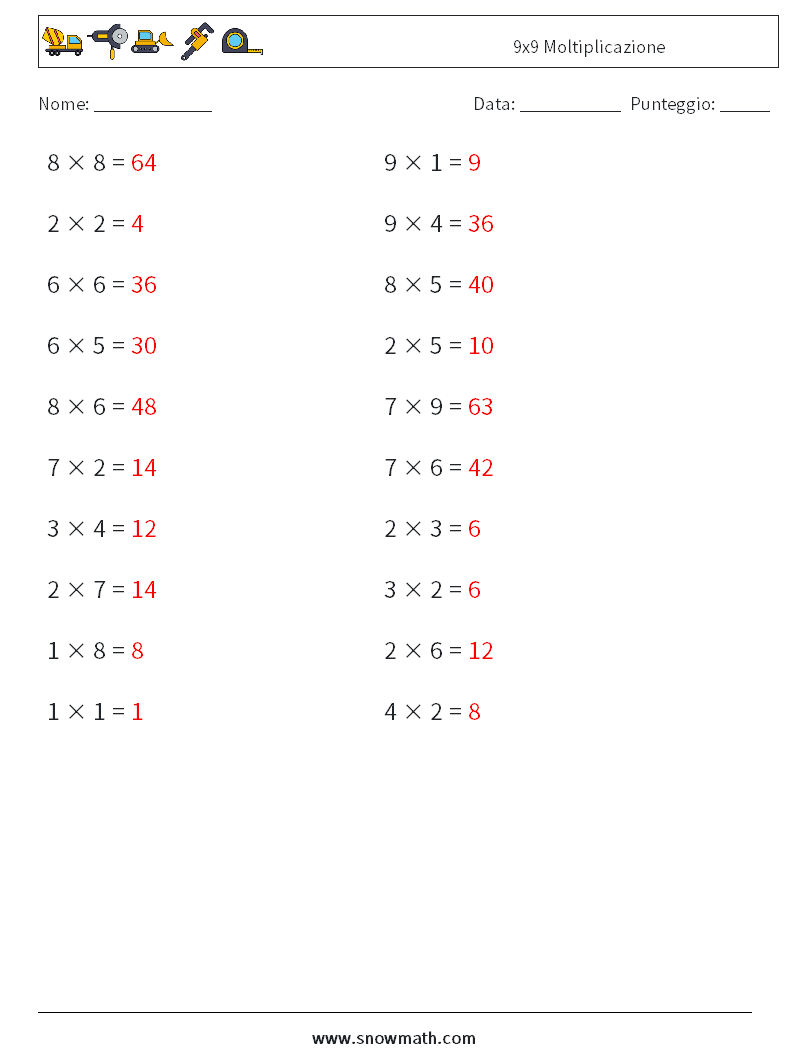(20) 9x9 Moltiplicazione Fogli di lavoro di matematica 1 Domanda, Risposta