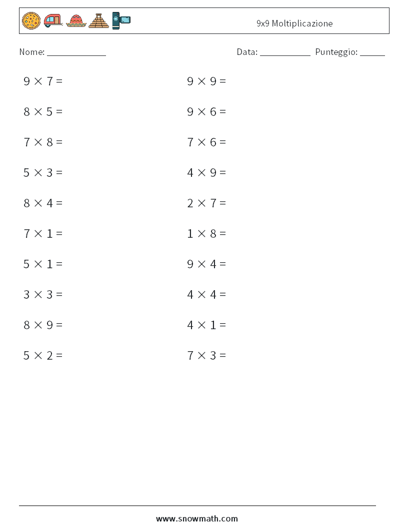 (20) 9x9 Moltiplicazione Fogli di lavoro di matematica 2