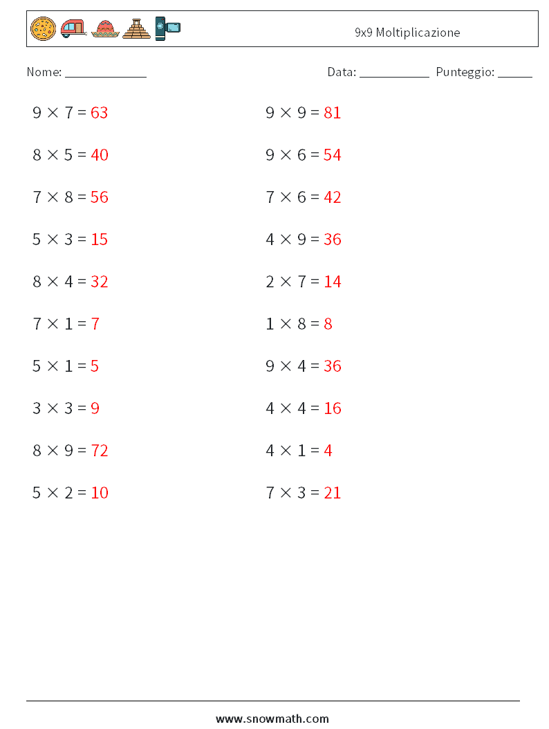 (20) 9x9 Moltiplicazione Fogli di lavoro di matematica 2 Domanda, Risposta