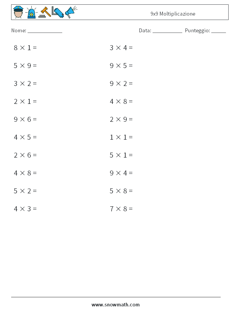 (20) 9x9 Moltiplicazione Fogli di lavoro di matematica 4