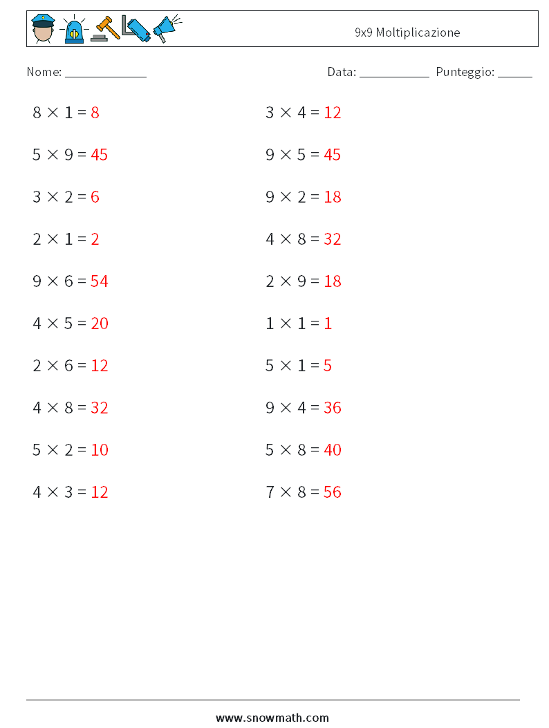 (20) 9x9 Moltiplicazione Fogli di lavoro di matematica 4 Domanda, Risposta