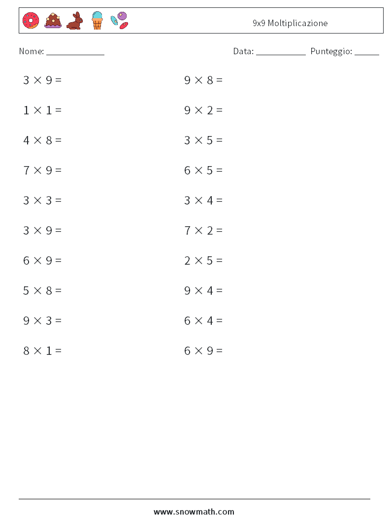 (20) 9x9 Moltiplicazione Fogli di lavoro di matematica 5