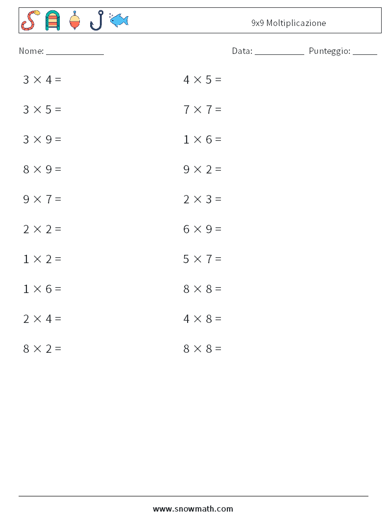 (20) 9x9 Moltiplicazione Fogli di lavoro di matematica 6