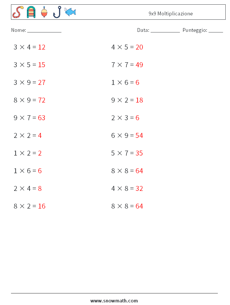 (20) 9x9 Moltiplicazione Fogli di lavoro di matematica 6 Domanda, Risposta