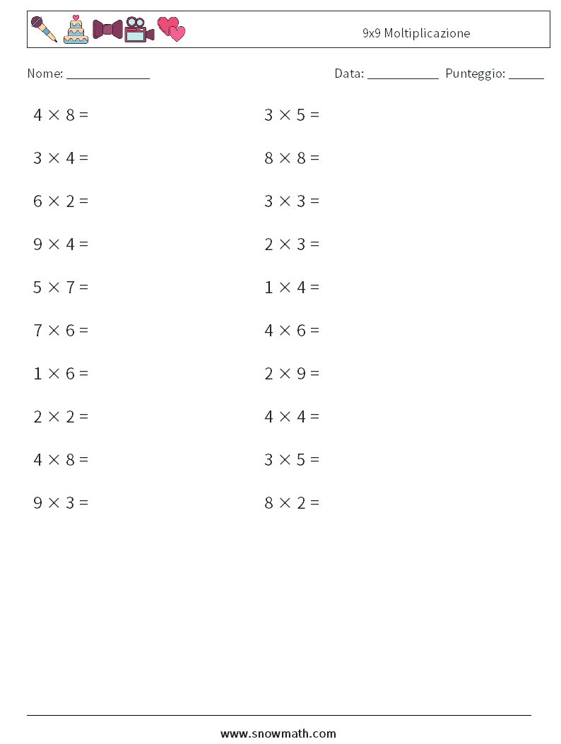 (20) 9x9 Moltiplicazione Fogli di lavoro di matematica 7