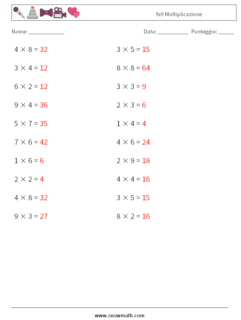 (20) 9x9 Moltiplicazione Fogli di lavoro di matematica 7 Domanda, Risposta