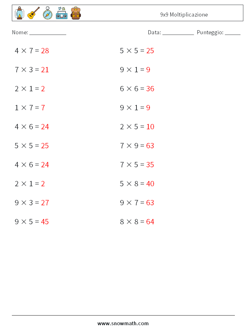(20) 9x9 Moltiplicazione Fogli di lavoro di matematica 8 Domanda, Risposta