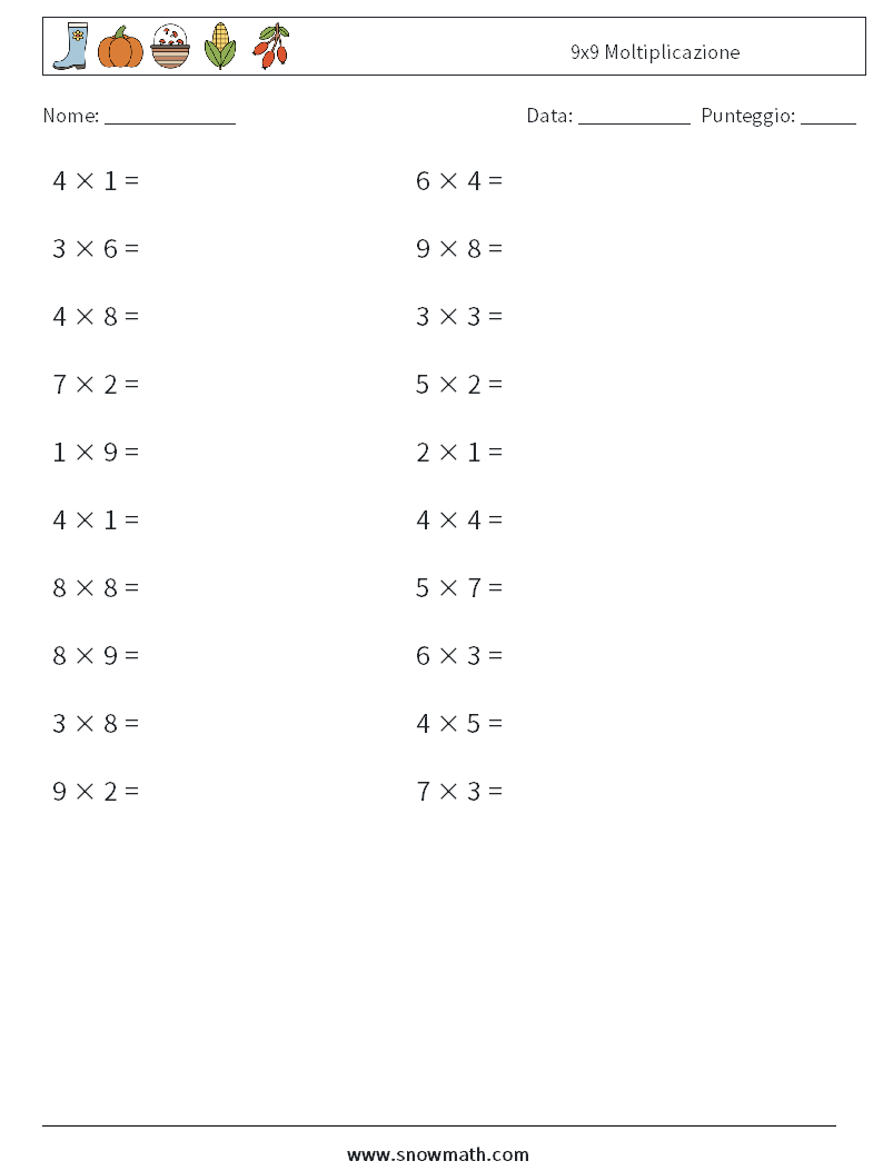 (20) 9x9 Moltiplicazione Fogli di lavoro di matematica 9