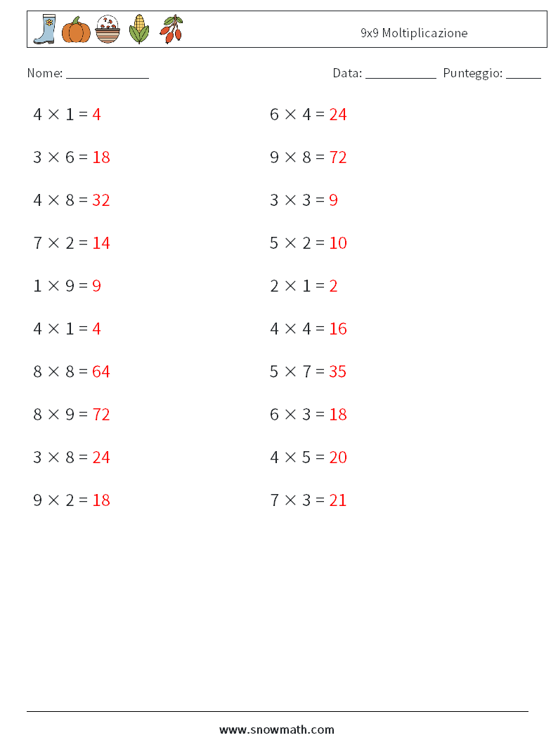 (20) 9x9 Moltiplicazione Fogli di lavoro di matematica 9 Domanda, Risposta