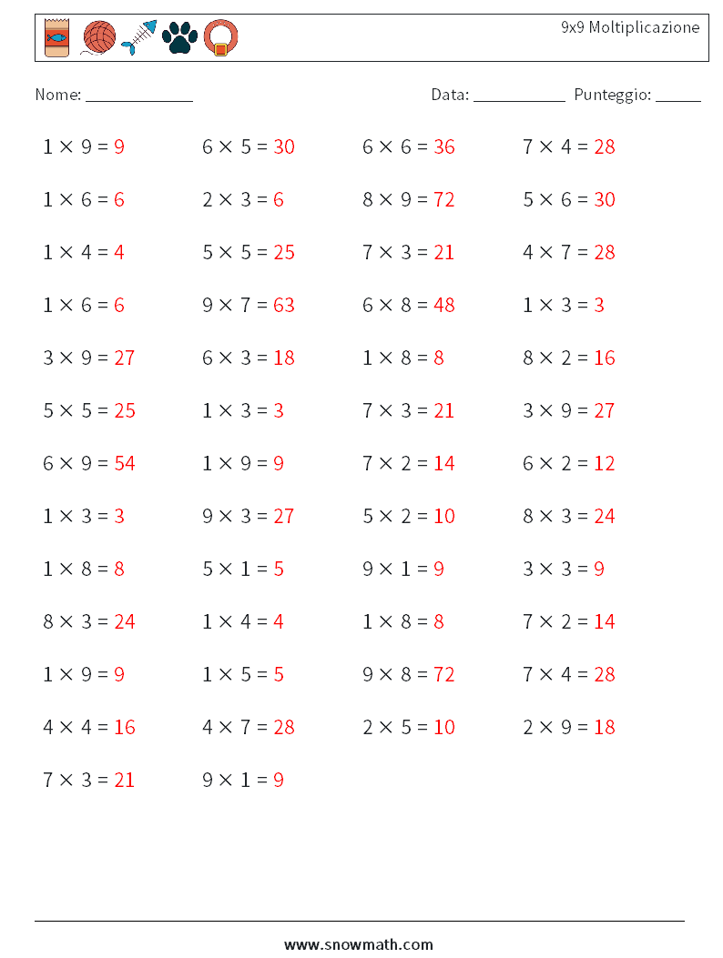 (50) 9x9 Moltiplicazione Fogli di lavoro di matematica 1 Domanda, Risposta