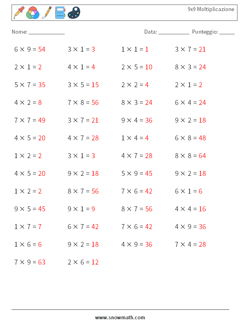 (50) 9x9 Moltiplicazione Fogli di lavoro di matematica 3 Domanda, Risposta