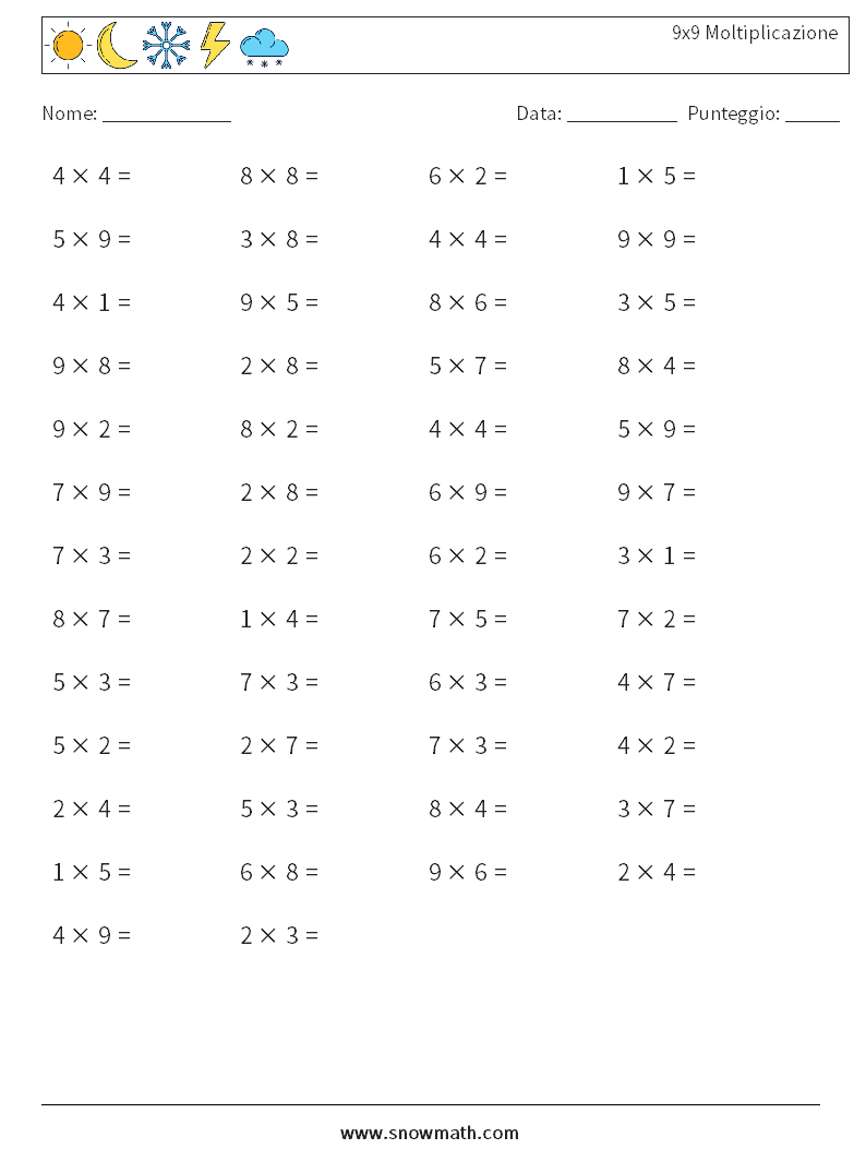 (50) 9x9 Moltiplicazione Fogli di lavoro di matematica 4