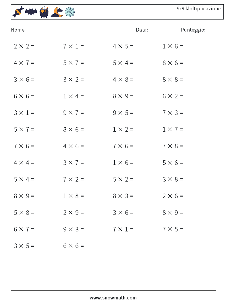 (50) 9x9 Moltiplicazione Fogli di lavoro di matematica 5