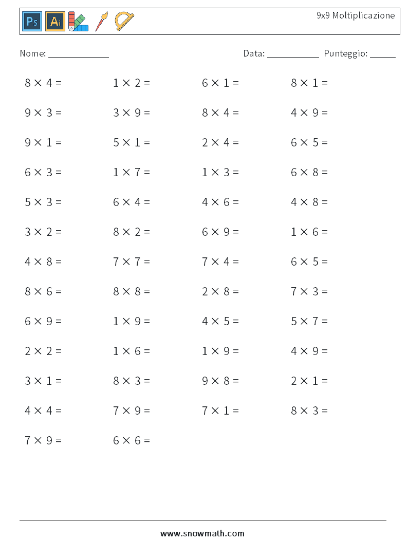 (50) 9x9 Moltiplicazione Fogli di lavoro di matematica 8
