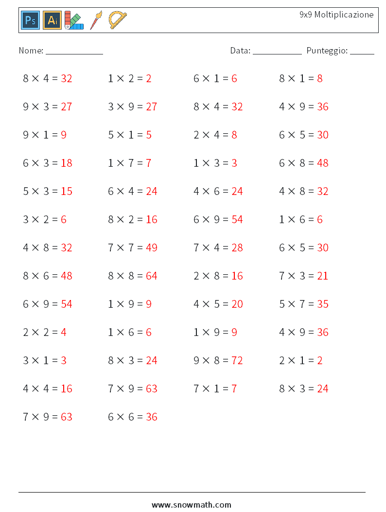 (50) 9x9 Moltiplicazione Fogli di lavoro di matematica 8 Domanda, Risposta