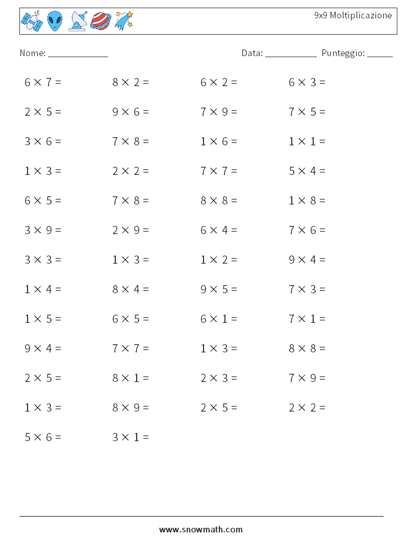 (50) 9x9 Moltiplicazione Fogli di lavoro di matematica 9