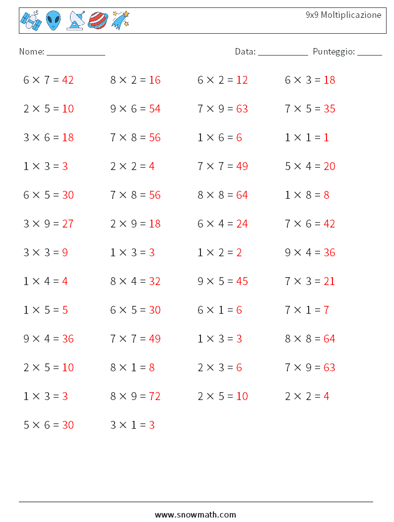 (50) 9x9 Moltiplicazione Fogli di lavoro di matematica 9 Domanda, Risposta