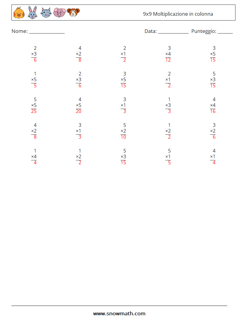 (25) 9x9 Moltiplicazione in colonna Fogli di lavoro di matematica 1 Domanda, Risposta
