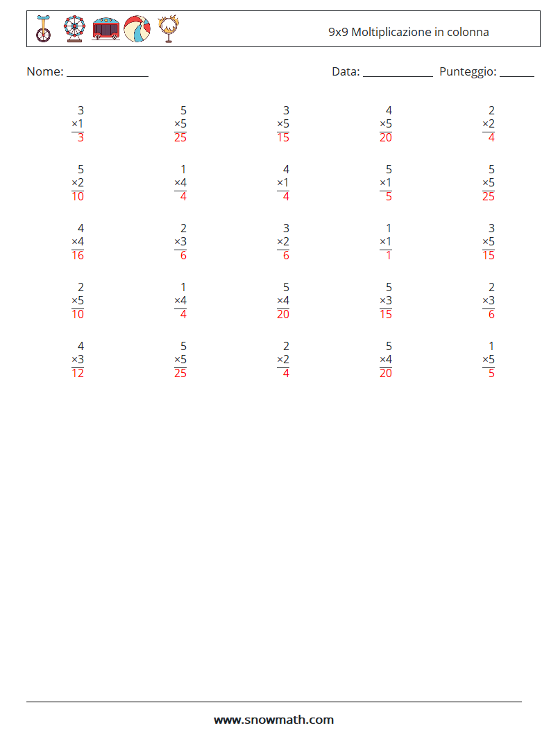 (25) 9x9 Moltiplicazione in colonna Fogli di lavoro di matematica 2 Domanda, Risposta