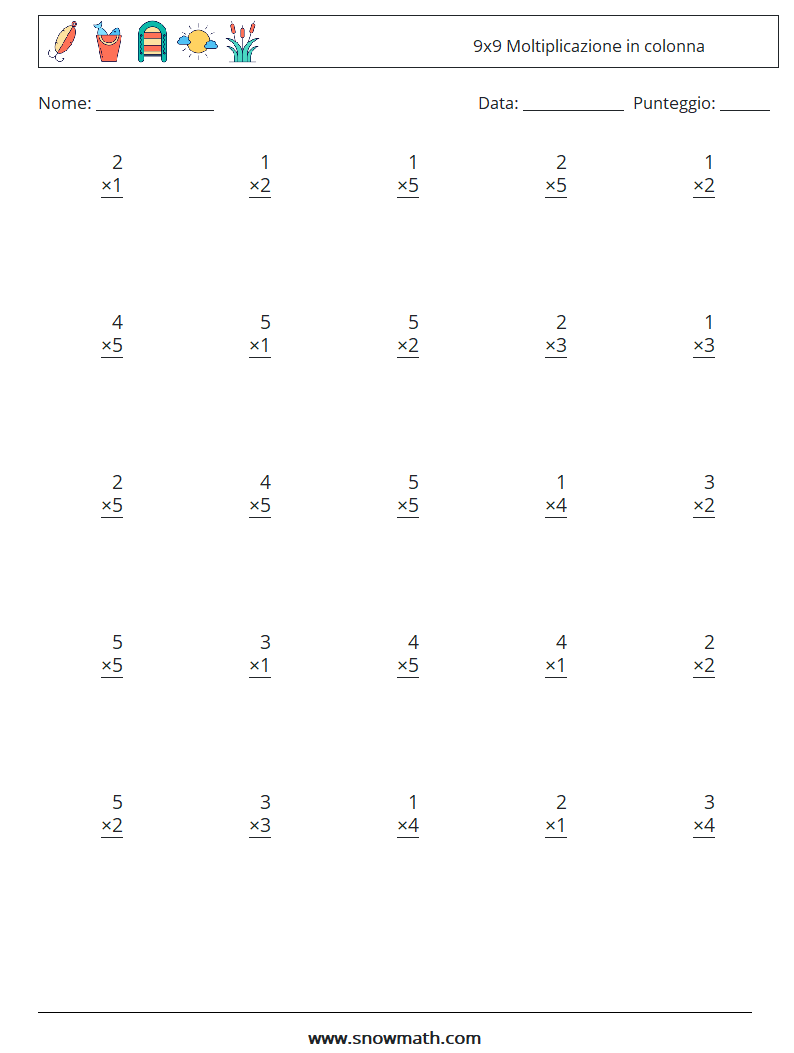 (25) 9x9 Moltiplicazione in colonna Fogli di lavoro di matematica 3