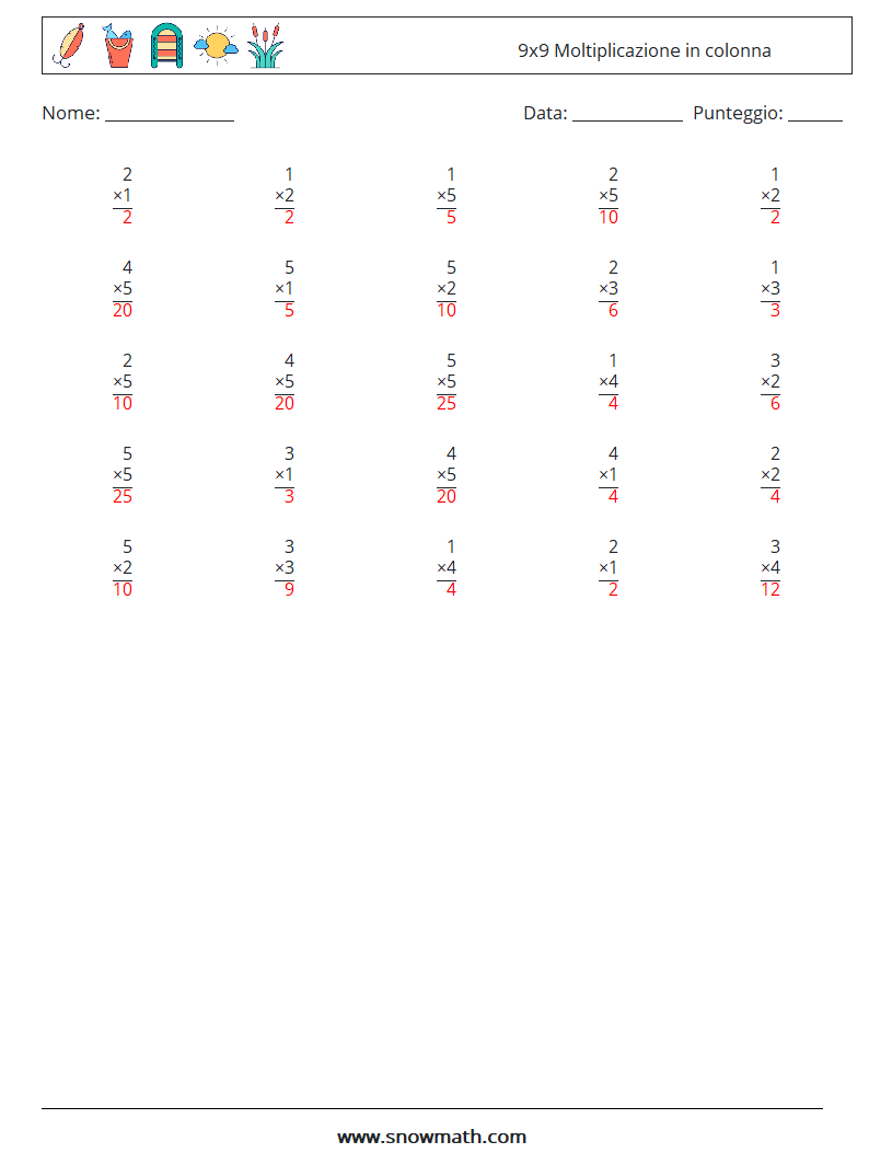 (25) 9x9 Moltiplicazione in colonna Fogli di lavoro di matematica 3 Domanda, Risposta