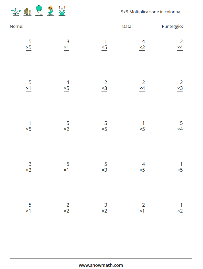 (25) 9x9 Moltiplicazione in colonna Fogli di lavoro di matematica 4